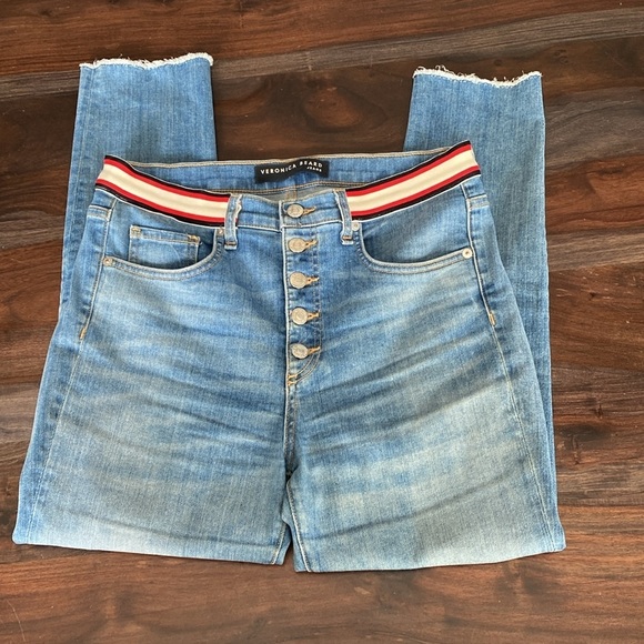 Veronica Beard Blue Denim Grotto Stripe Skinny Jean size 29/8 Button Fly - Picture 2 of 4